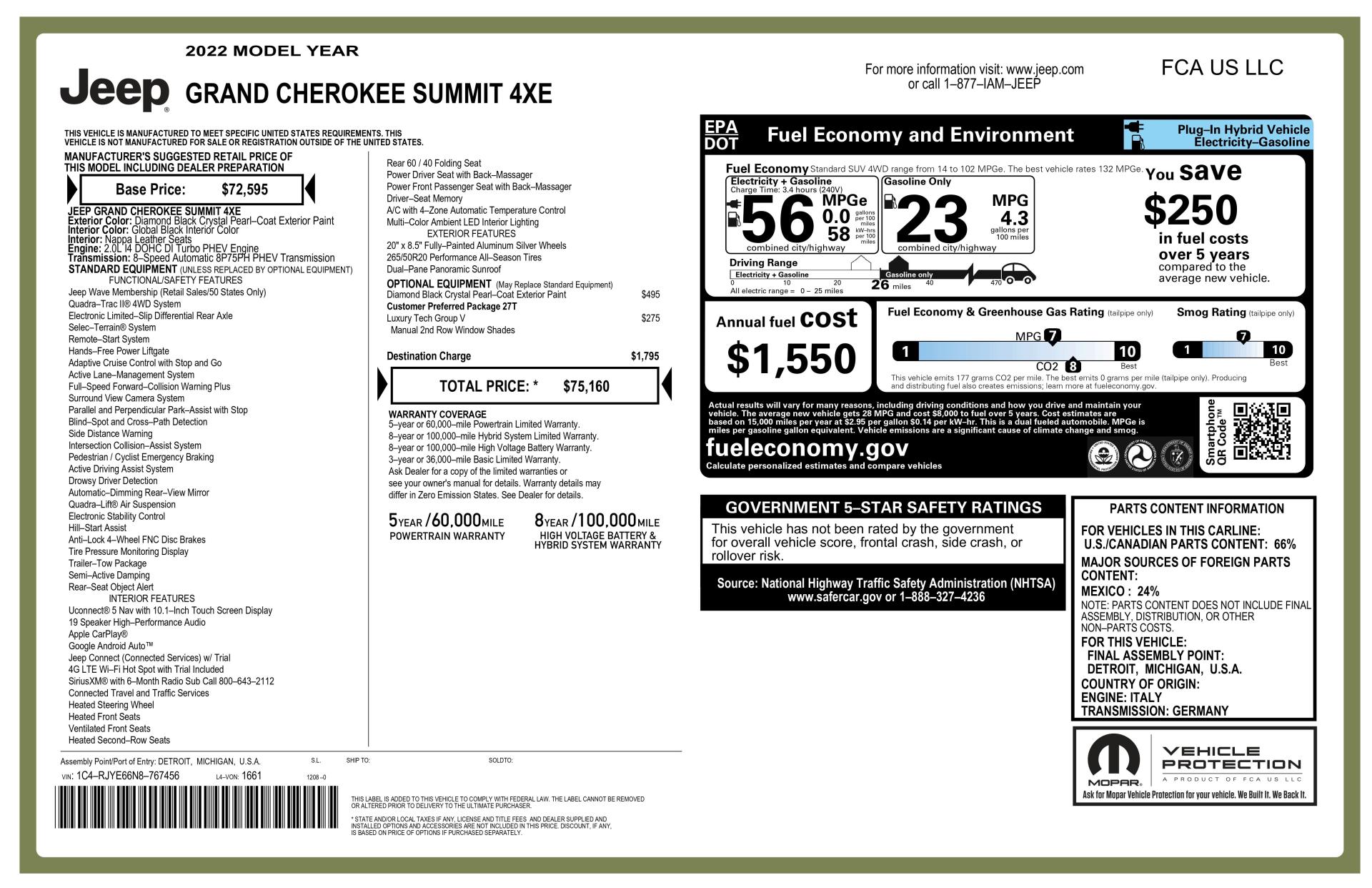 Used 2022 Jeep Grand Cherokee Summit Reserve 4xe with VIN 1C4RJYE66N8767456 for sale in Palmyra, NJ